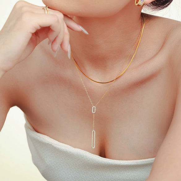 Wholesale Jewelry 316L Stainless Steel Zircon Geometric Hollow Rectangular Double Clavicle Necklace 18K Gold Plated