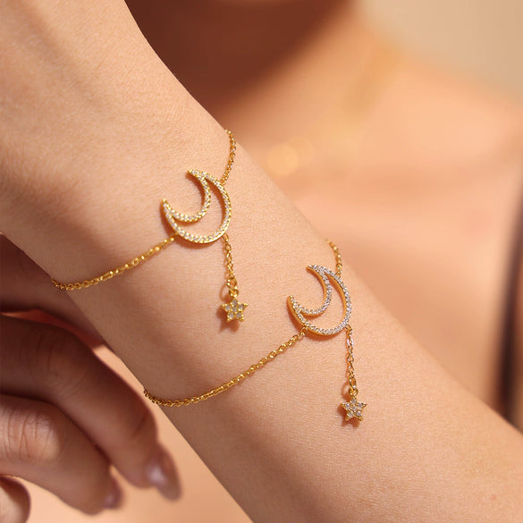 Wholesale Jewelry 316L Stainless Steel Zircon Star Geometric Style Double Clavicle Necklace And Bracelet With Electroplating Treatment