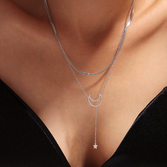 Wholesale Jewelry 316L Stainless Steel Zircon Star Geometric Style Double Clavicle Necklace And Bracelet With Electroplating Treatment