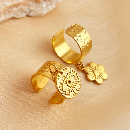 Wholesale Jewelry Tropical Simple Style Eye Solid Color Flower 304 Stainless Steel 18K Gold Plated Plating Charm Rings