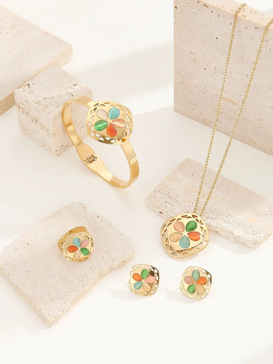 Wholesale Jewelry Tropical Simple Style Flower Titanium Steel Artificial Gemstones 18K Gold Plated Enamel Inlay Jewelry Set