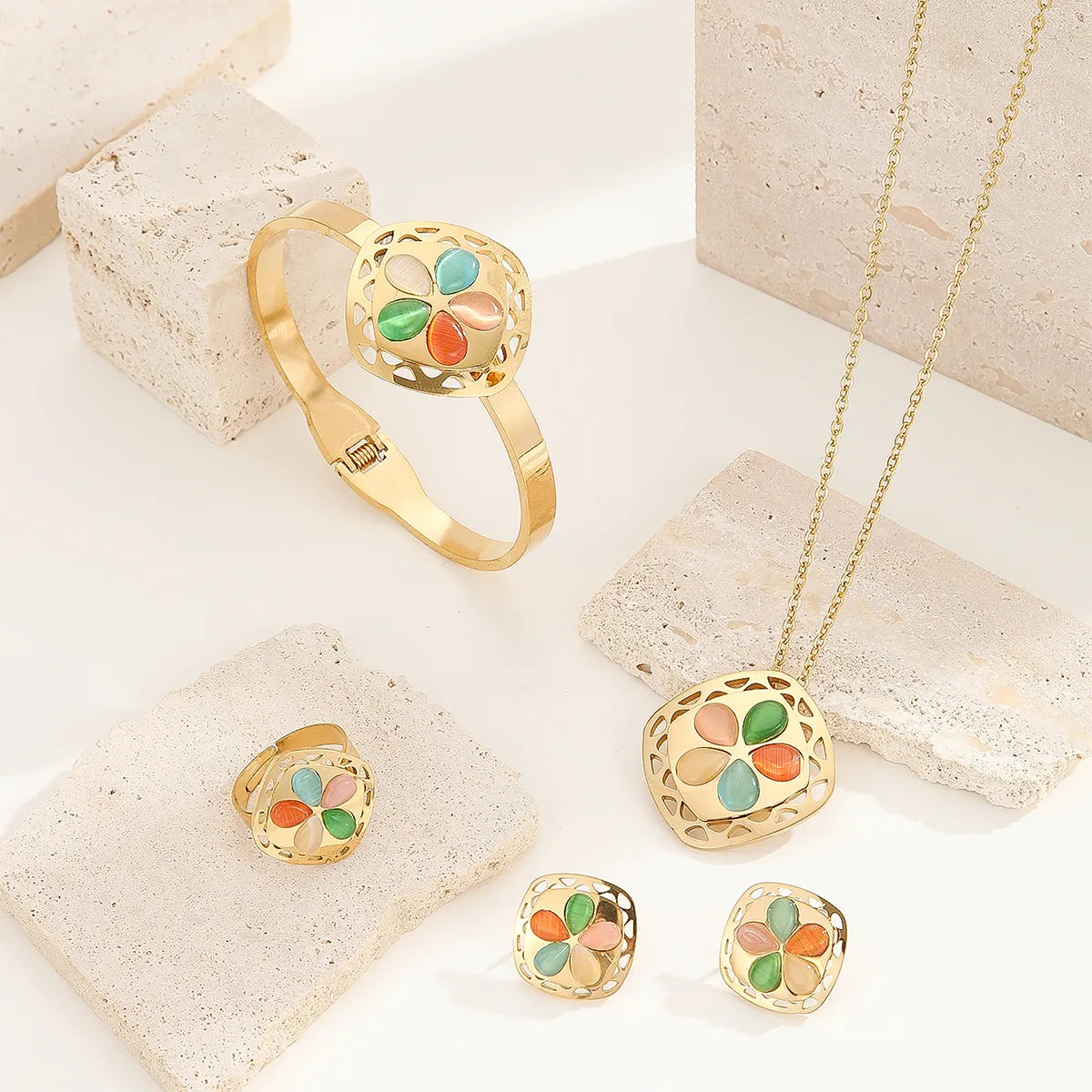 Wholesale Jewelry Tropical Simple Style Flower Titanium Steel Artificial Gemstones 18K Gold Plated Enamel Inlay Jewelry Set