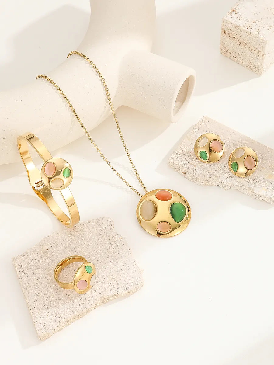 Wholesale Jewelry Tropical Simple Style Flower Titanium Steel Artificial Gemstones 18K Gold Plated Enamel Inlay Jewelry Set