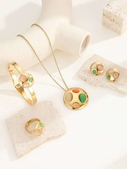 Wholesale Jewelry Tropical Simple Style Flower Titanium Steel Artificial Gemstones 18K Gold Plated Enamel Inlay Jewelry Set