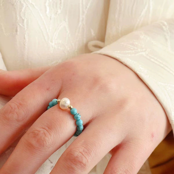 Wholesale Jewelry Turquoise Elastic Rope Freshwater Pearl Geometric Retro Handmade Ring