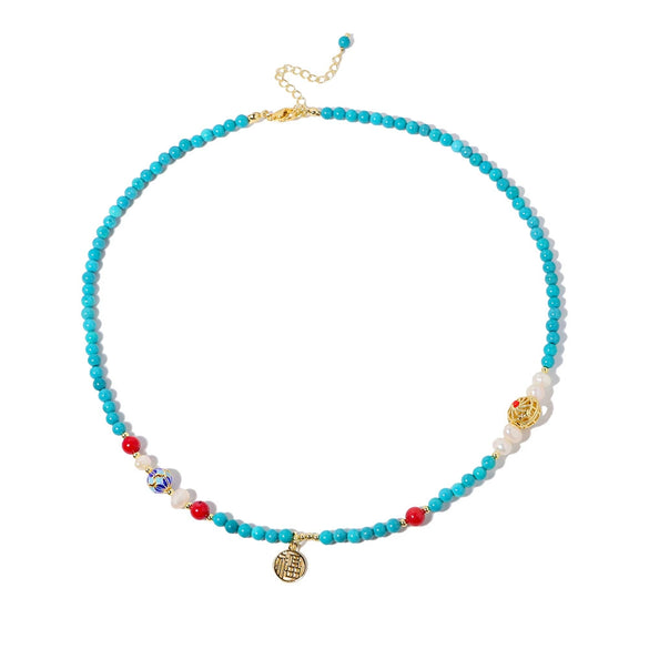 Wholesale Jewelry Turquoise Geometric Ball Chain Electroplating Mixed Gemstone Setting Women's Necklace And Bracelet