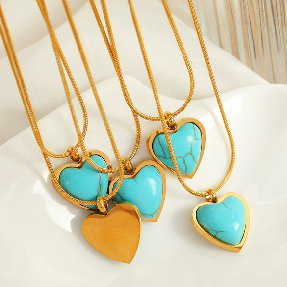 Wholesale Jewelry Turquoise 316L Stainless Steel Heartshaped Pendant Necklace Gem Inlaid