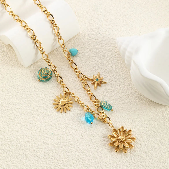 Wholesale Jewelry Vacation Beach Modern Style Heart Shape Bow Knot Titanium Steel Multi Charms Necklace Chain-Free