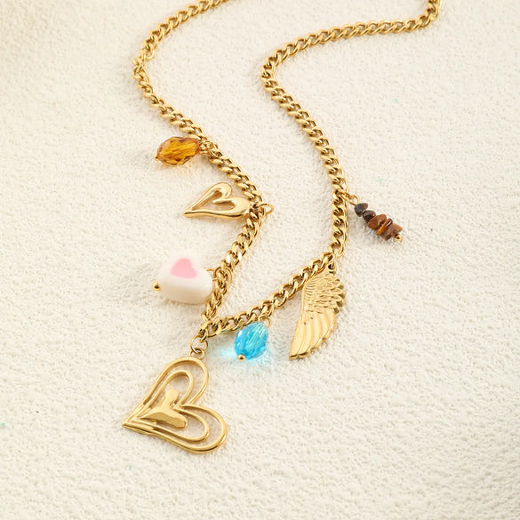 Wholesale Jewelry Vacation Beach Modern Style Heart Shape Bow Knot Titanium Steel Multi Charms Necklace Chain-Free