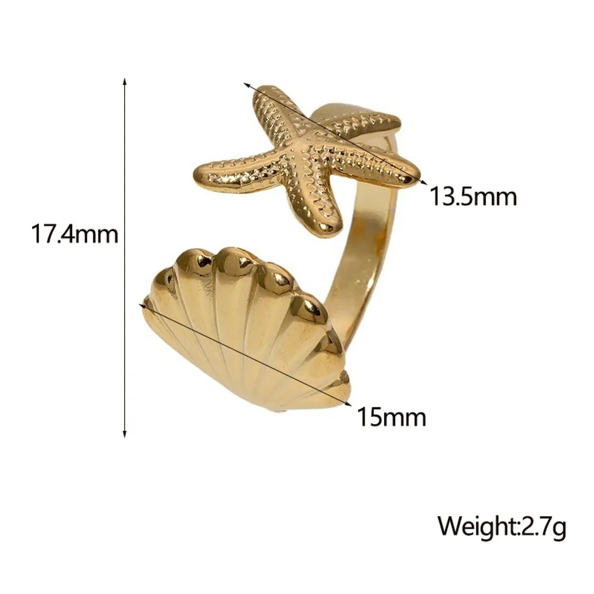 Wholesale Jewelry Vacation Beach Simple Style Starfish Shell 304 Stainless Steel 18K Gold Plated Open Rings