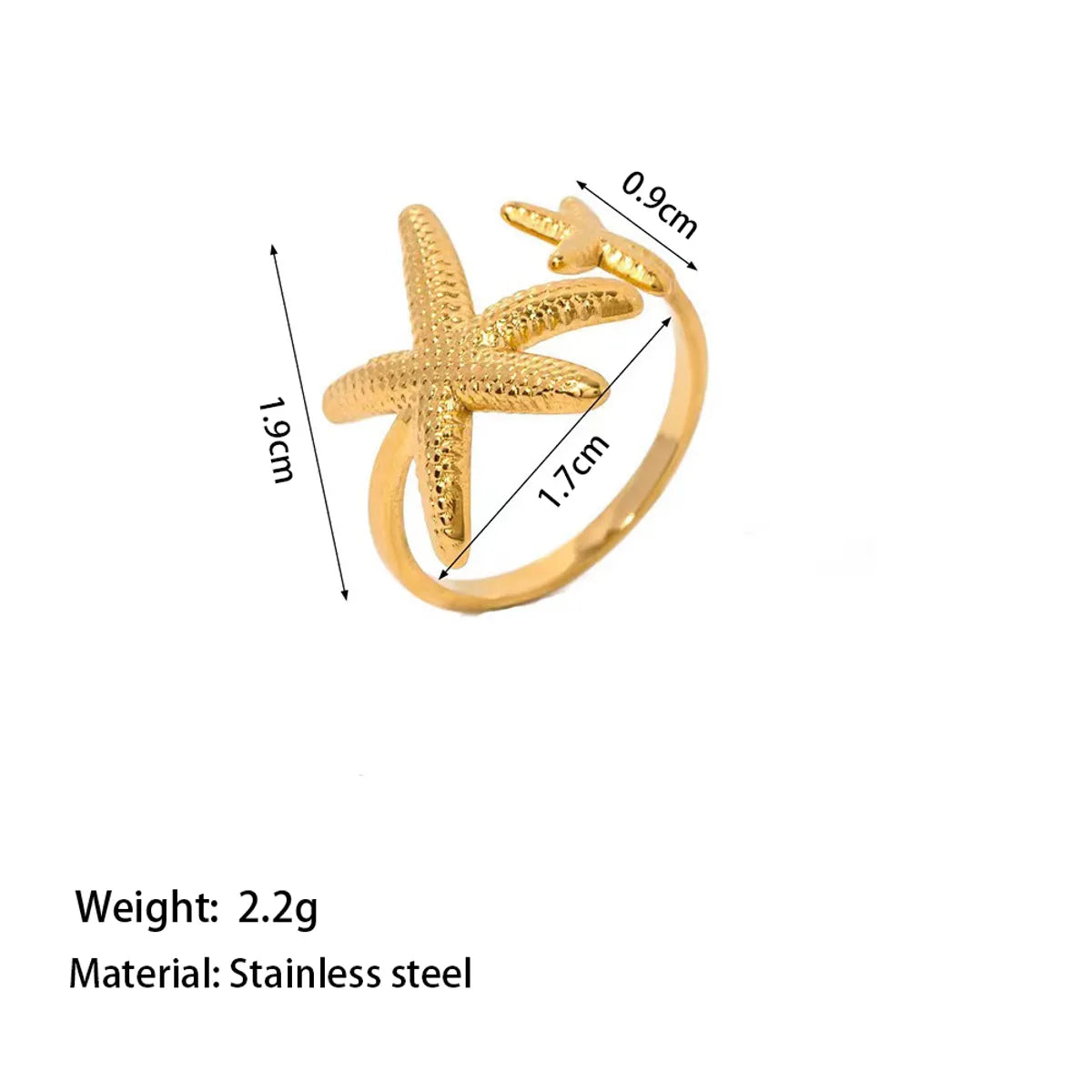 Wholesale Jewelry Vacation Beach Starfish 304 Stainless Steel 18K Gold Plated Polishing Plating Open Rings