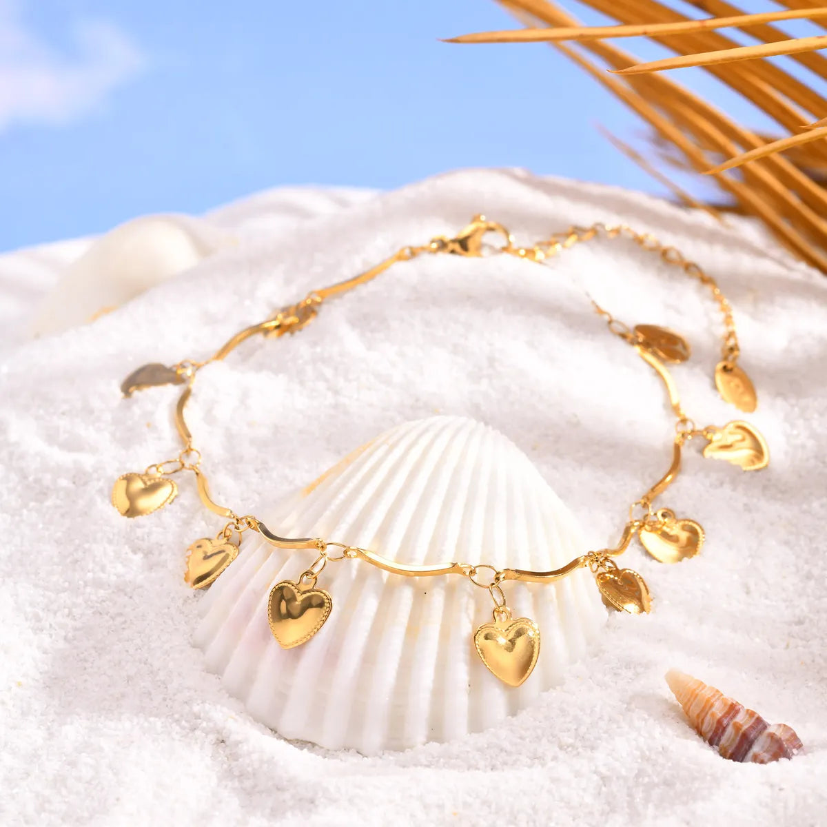 Wholesale Jewelry Vacation Beach Tropical Heart Shape Shell 201 Stainless Steel 18K Gold Plated Pearl Anklet