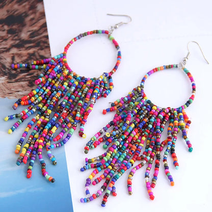 Wholesale Jewelry Vacation Bohemian Color Block Heart Shape Seed Bead Beaded Drop Earrings