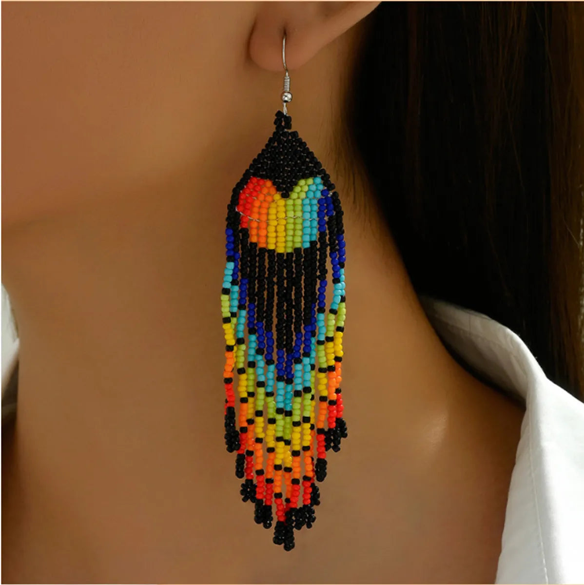 Wholesale Jewelry Vacation Bohemian Color Block Heart Shape Seed Bead Beaded Drop Earrings