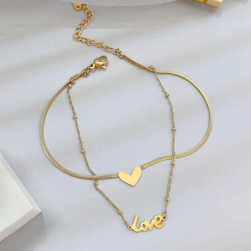 Wholesale Jewelry Vacation French Style Love Heart Shape 304 Stainless Steel Gold Plated Anklet