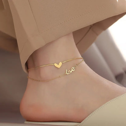 Wholesale Jewelry Vacation French Style Love Heart Shape 304 Stainless Steel Gold Plated Anklet