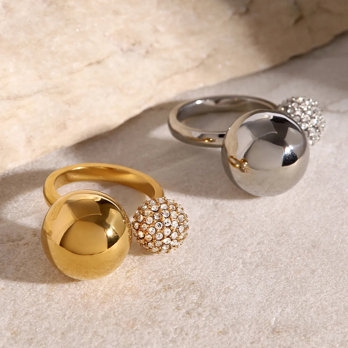 Wholesale Jewelry Vacation Simple Style IG Style Ball 316 Stainless Steel  Rhinestones 18K Gold Plated Inlay Open Rings