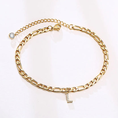 Wholesale Jewelry Vacation Simple Style Letter 201 Stainless Steel Zircon 18K Gold Plated Plating Inlay Anklet