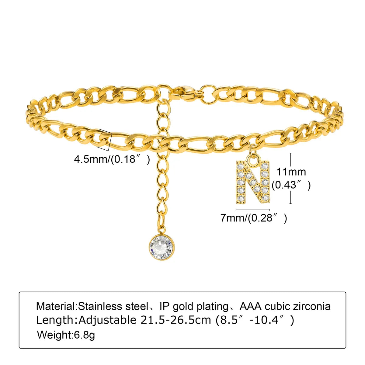 Wholesale Jewelry Vacation Simple Style Letter 201 Stainless Steel Zircon 18K Gold Plated Plating Inlay Anklet