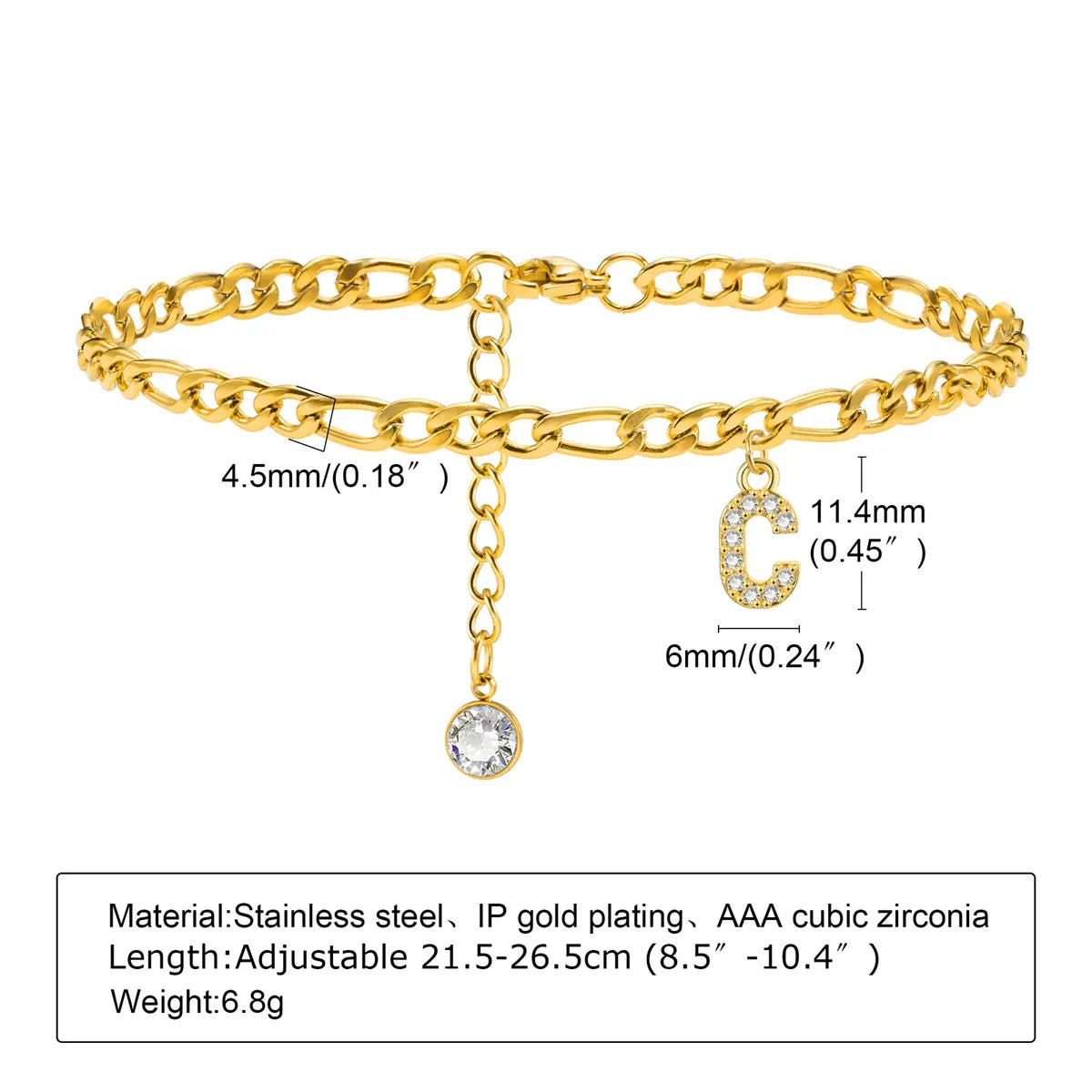 Wholesale Jewelry Vacation Simple Style Letter 201 Stainless Steel Zircon 18K Gold Plated Plating Inlay Anklet