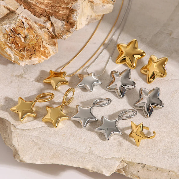 Wholesale Jewelry Vacation Simple Style Pentagram 304 Stainless Steel 18K Gold Plated Plating Rings Necklace