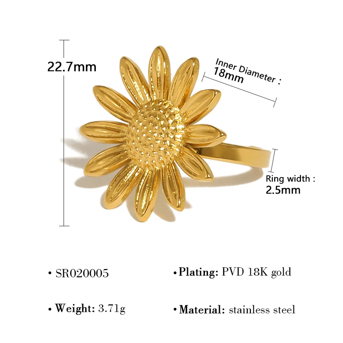 Wholesale Jewelry Vacation Simple Style Sunflower Flower 304 Stainless Steel 18K Gold Plated Plating Open Rings