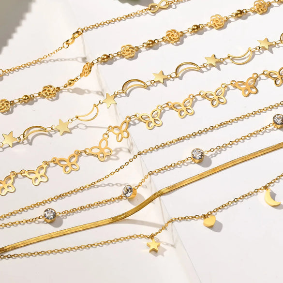 Wholesale Jewelry Vacation Sweet Moon Heart Shape 201 Stainless Steel Gold Plated Plating Anklet