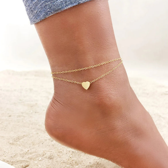 Wholesale Jewelry Vacation Sweet Moon Heart Shape 201 Stainless Steel Gold Plated Plating Anklet