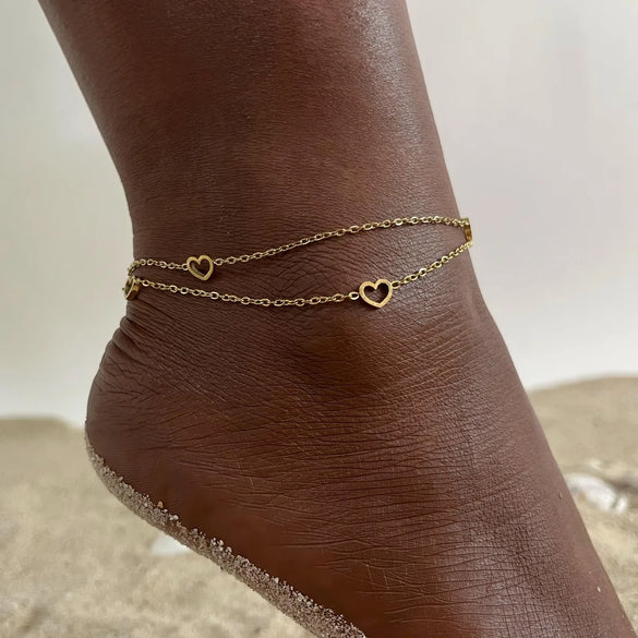 Wholesale Jewelry Vacation Sweet Moon Heart Shape 201 Stainless Steel Gold Plated Plating Anklet