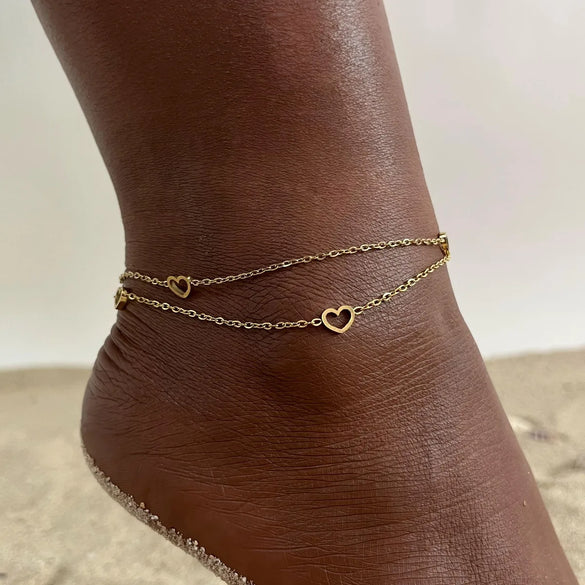 Wholesale Jewelry Vacation Sweet Moon Heart Shape 201 Stainless Steel Gold Plated Plating Anklet