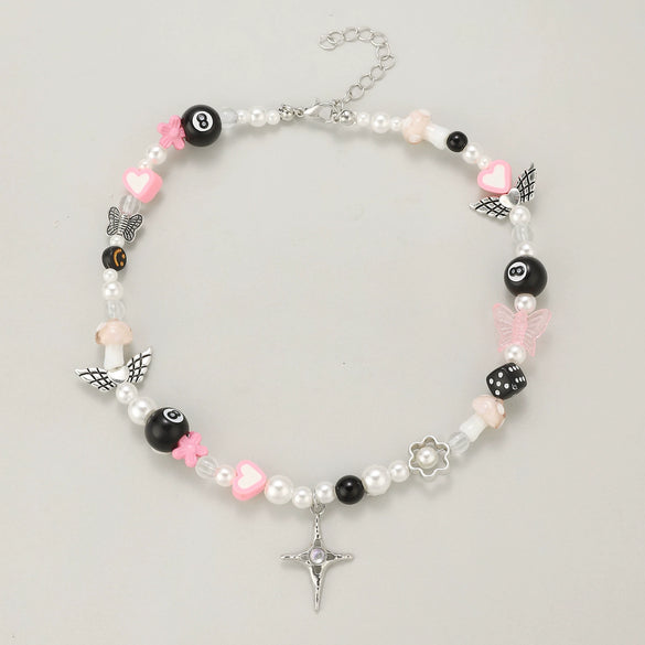Wholesale Jewelry Vintage Gothic Y2k Alloy Butterfly Cross Star Flower Pendant Pearl Beaded Necklace For Girls Handmade With Geometric Rhombus Pattern