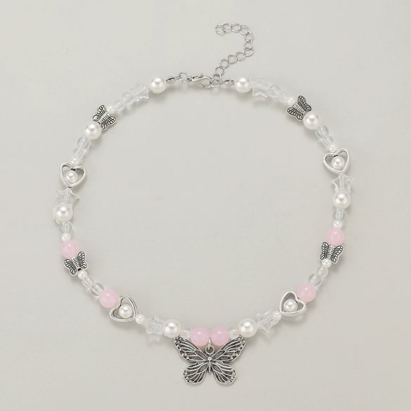 Wholesale Jewelry Vintage Gothic Y2k Alloy Butterfly Cross Star Flower Pendant Pearl Beaded Necklace For Girls Handmade With Geometric Rhombus Pattern