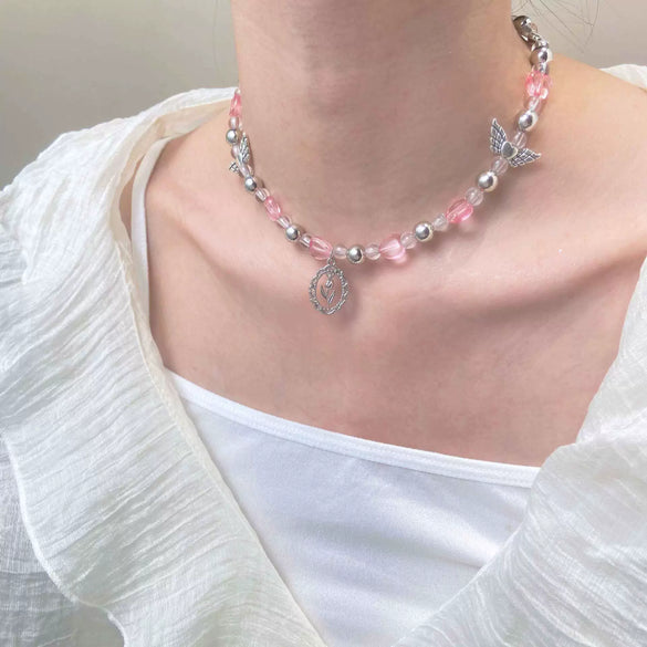 Wholesale Jewelry Vintage Gothic Y2k Alloy Butterfly Cross Star Flower Pendant Pearl Beaded Necklace For Girls Handmade With Geometric Rhombus Pattern