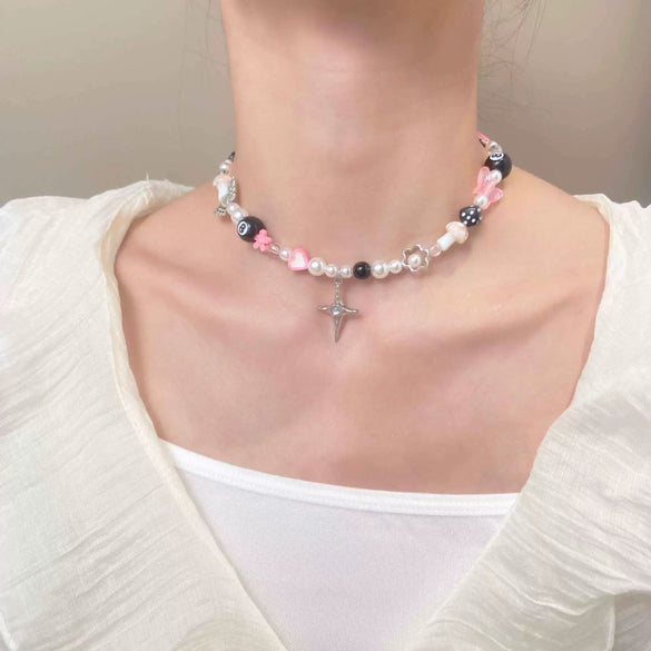 Wholesale Jewelry Vintage Gothic Y2k Alloy Butterfly Cross Star Flower Pendant Pearl Beaded Necklace For Girls Handmade With Geometric Rhombus Pattern