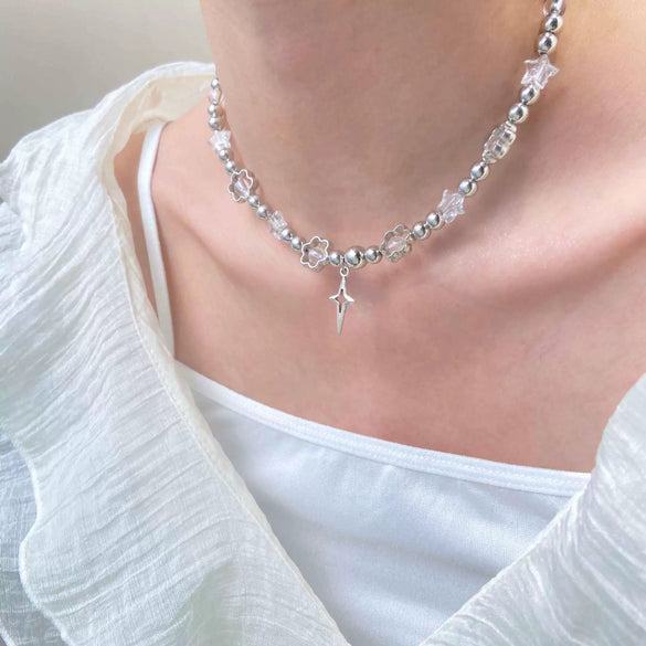 Wholesale Jewelry Vintage Gothic Y2k Alloy Butterfly Cross Star Flower Pendant Pearl Beaded Necklace For Girls Handmade With Geometric Rhombus Pattern