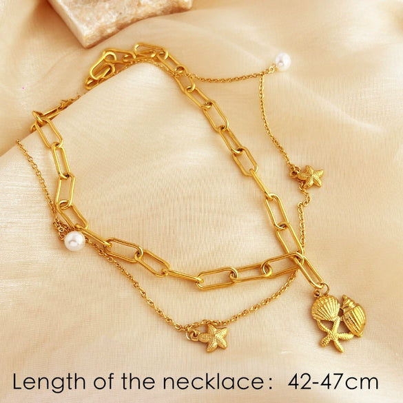 Wholesale Jewelry Vintage Natural Style U Shape Stainless Steel Ocean Pendant Necklace With 18K Gold Plated Shell Conch And Cross Chain