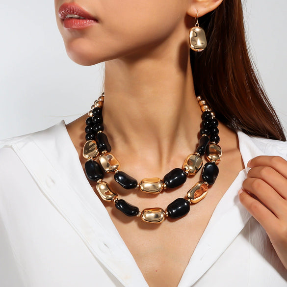 Wholesale Jewelry Vintage Punk Style Acrylic Geometric Beaded Double Layer Clavicle Chain Necklace And Earrings With Electroplating For Women