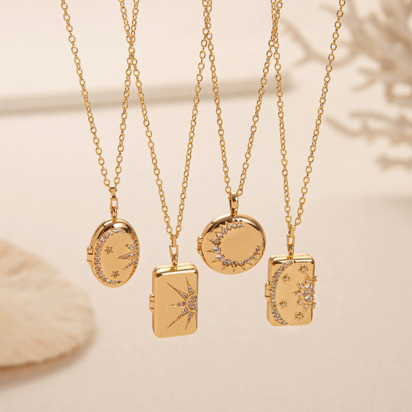 Wholesale Jewelry Vintage Star Pattern Copper Electroplated Sun Moon Shell Photo Album Photo Frame Necklace
