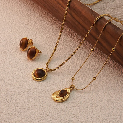 Wholesale Jewelry Vintage Style British Style Asymmetrical Round 304 Stainless Steel Resin 18K Gold Plated Plating Inlay Earrings Necklace Jewelry Set