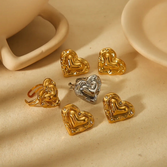 Wholesale Jewelry Vintage Style French Style Heart Shape 304 Stainless Steel 18K Gold Plated Polishing Plating Rings Earrings