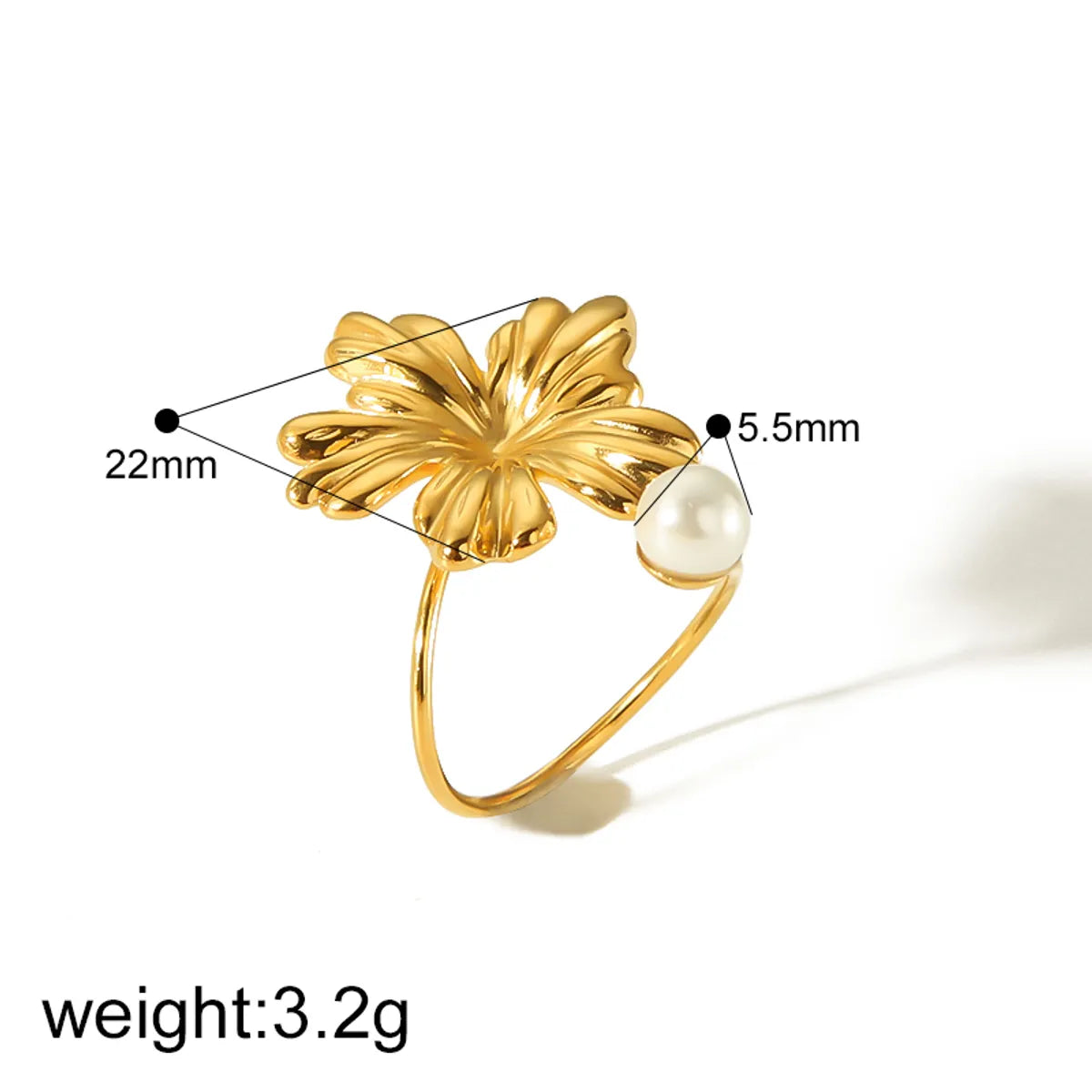 Wholesale Jewelry Vintage Style French Style Leaf Flower Butterfly 304 Stainless Steel Artificial Pearls Zircon 18K Gold Plated Plating Inlay Open Rings