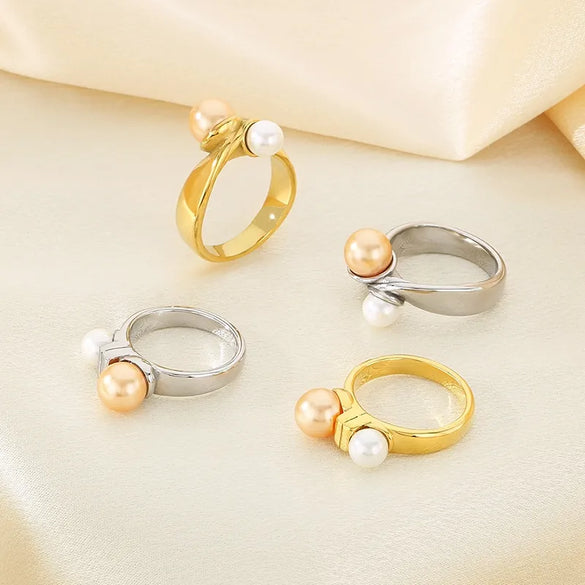 Wholesale Jewelry Vintage Style Geometric 304 Stainless Steel Shell 18K Gold Plated Inlay Rings