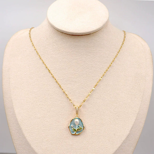 Wholesale Jewelry Vintage Style Geometric Flower Alloy Pendant Necklace Inlaid With Freshwater Pearls And Cross Chain