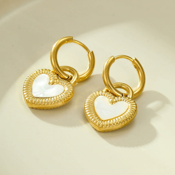 Wholesale Jewelry Vintage Style Heart Motherofpearl Stainless Steel Electroplated Necklace And Earrings