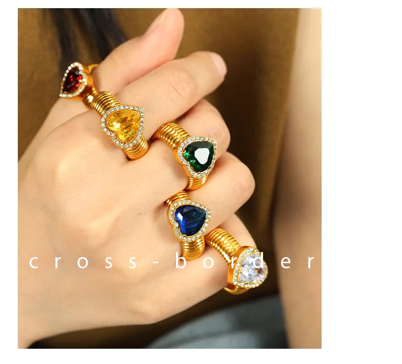 Wholesale Jewelry Vintage Style Luxurious Punk Heart Shape 304 Stainless Steel Zircon 18K Gold Plated Polishing Inlay Rings