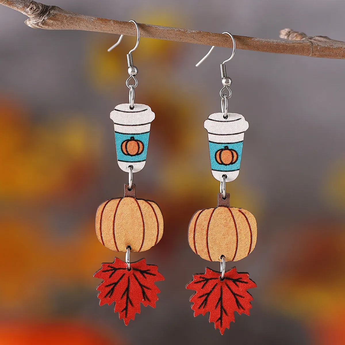 Wholesale Jewelry Vintage Style Pumpkin Wood Printing Drop Earrings