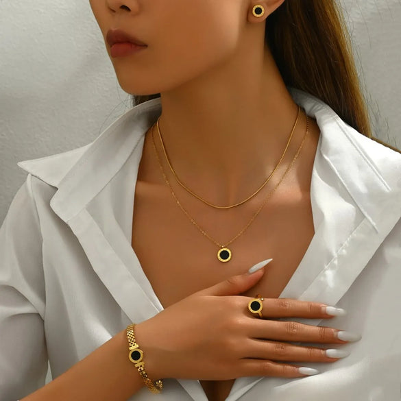 Wholesale Jewelry Vintage Style Roman Style Roman Numeral 304 Stainless Steel Acrylic 18K Gold Plated Inlay Jewelry Set