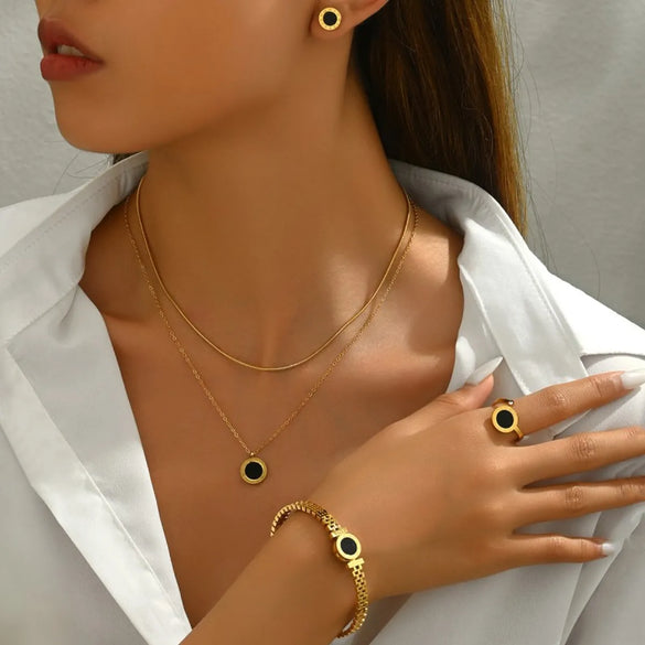 Wholesale Jewelry Vintage Style Roman Style Roman Numeral 304 Stainless Steel Acrylic 18K Gold Plated Inlay Jewelry Set