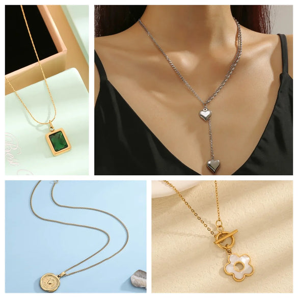 Wholesale Jewelry Vintage Style Simple Style Roman Style Heart Shape Flower 304 Stainless Steel Acrylic White Shell Inlay Pendant Necklace