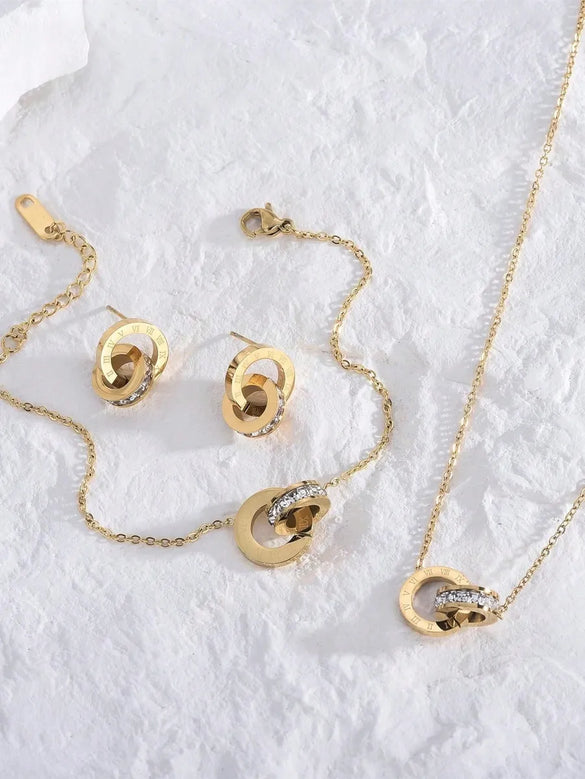 Wholesale Jewelry Vintage Style Simple Style Roman Style Roman Numeral 304 Stainless Steel Artificial Rhinestones 18K Gold Plated Jewelry Set